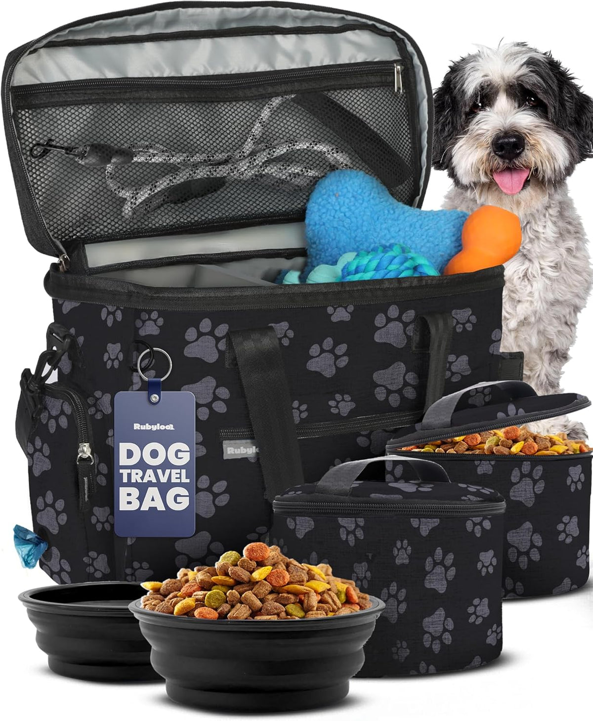 Dog Travel Bag Organizer with Food Containers & Accessories