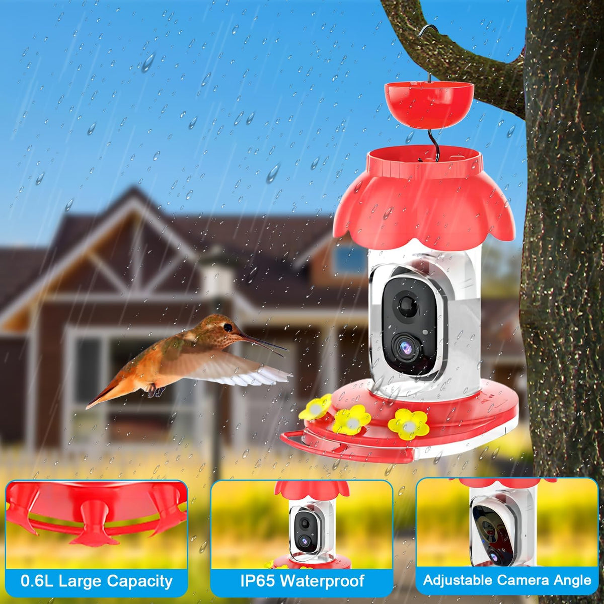Solar Hummingbird Feeder with 1080p Camera — Red