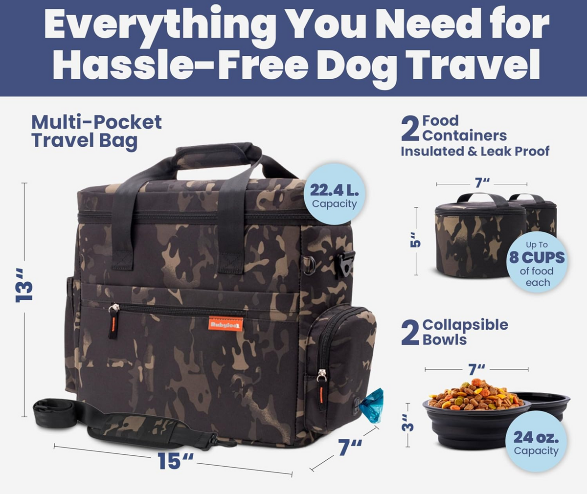 Dog Travel Bag Organizer with Food Containers & Accessories