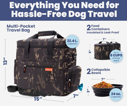 Dog Travel Bag Organizer with Food Containers & Accessories