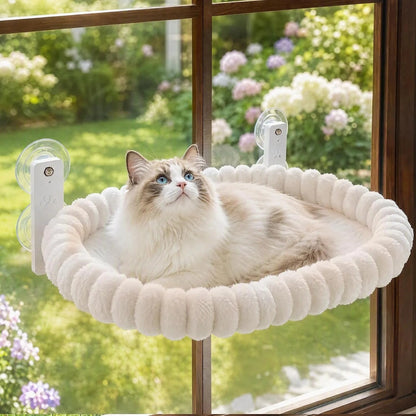 Cat resting on the window-mounted plush hammock