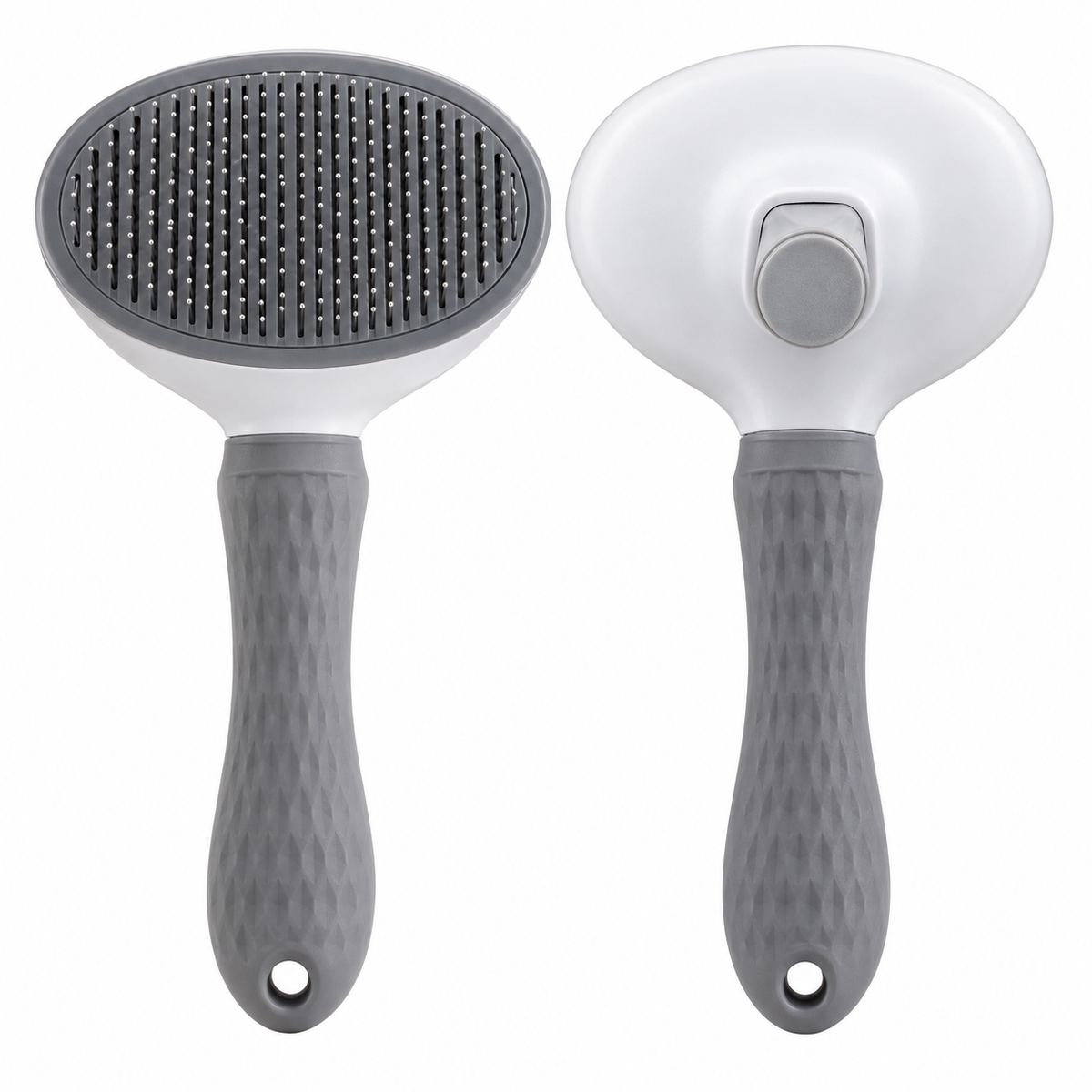 Gray slicker brush front and rear push-button view