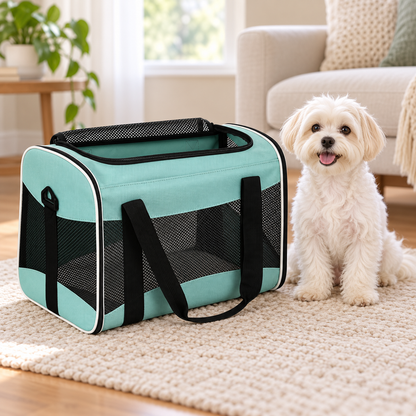 Small dog beside mint-green soft-sided carrier