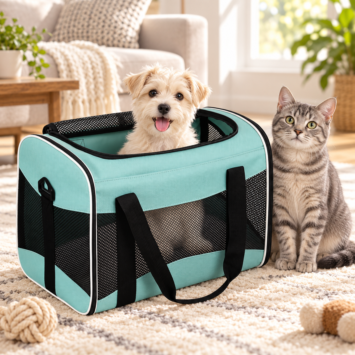 Small dog in mint-green carrier with cat beside it