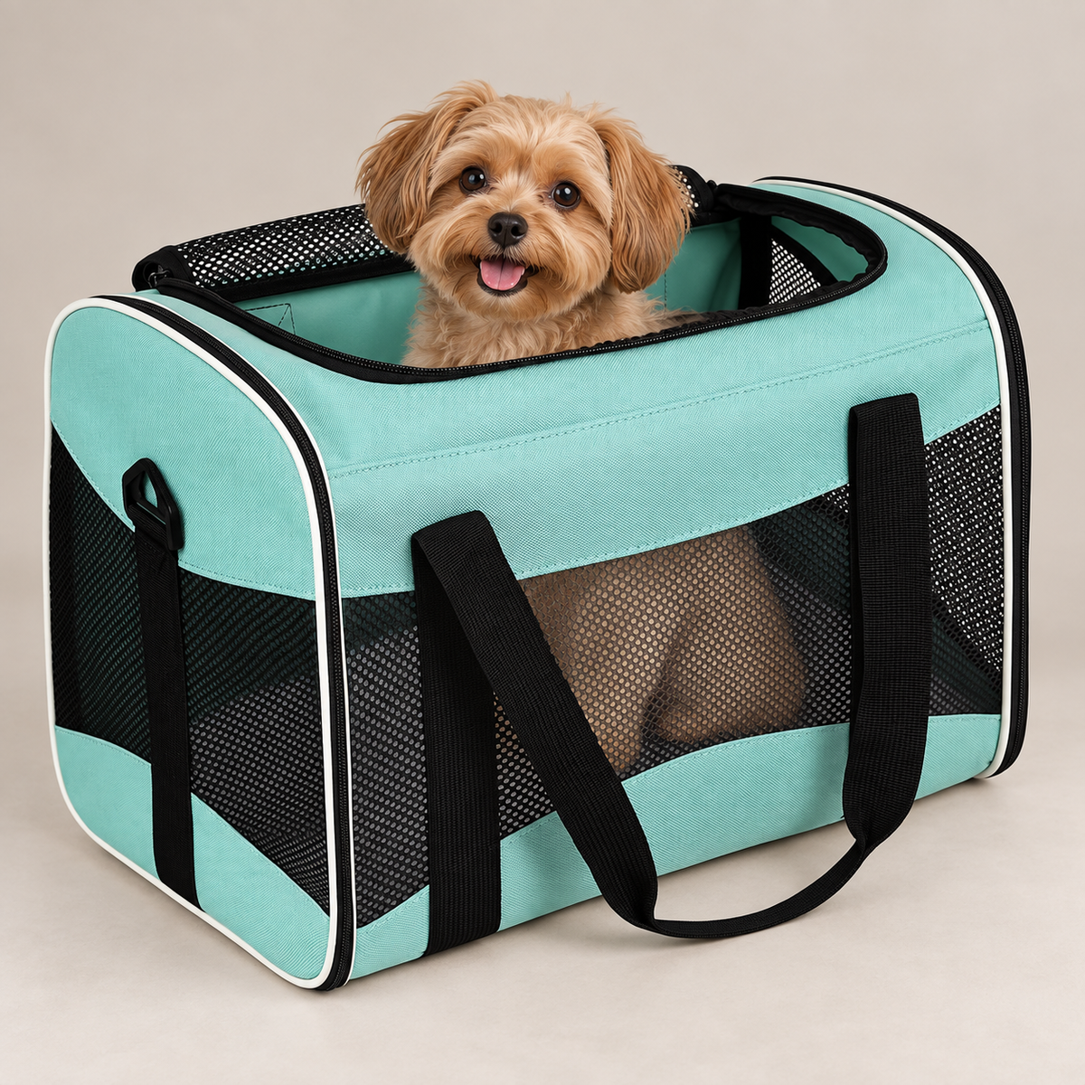 Small dog inside mint-green soft-sided carrier
