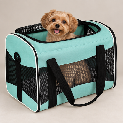 Small dog inside mint-green soft-sided carrier