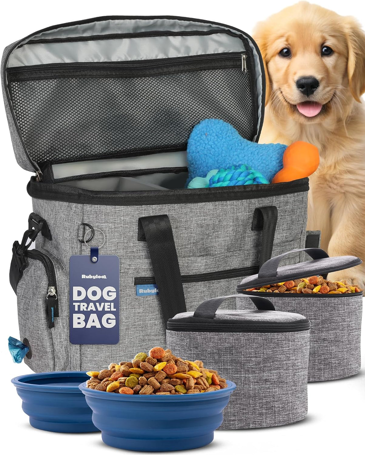 Dog Travel Bag Organizer with Food Containers & Accessories