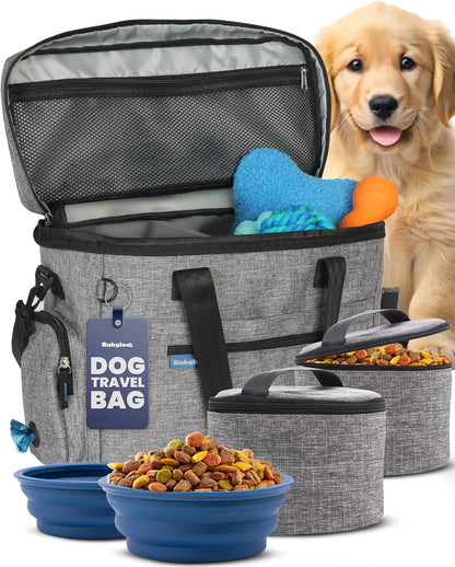 Dog Travel Bag Organizer with Food Containers & Accessories